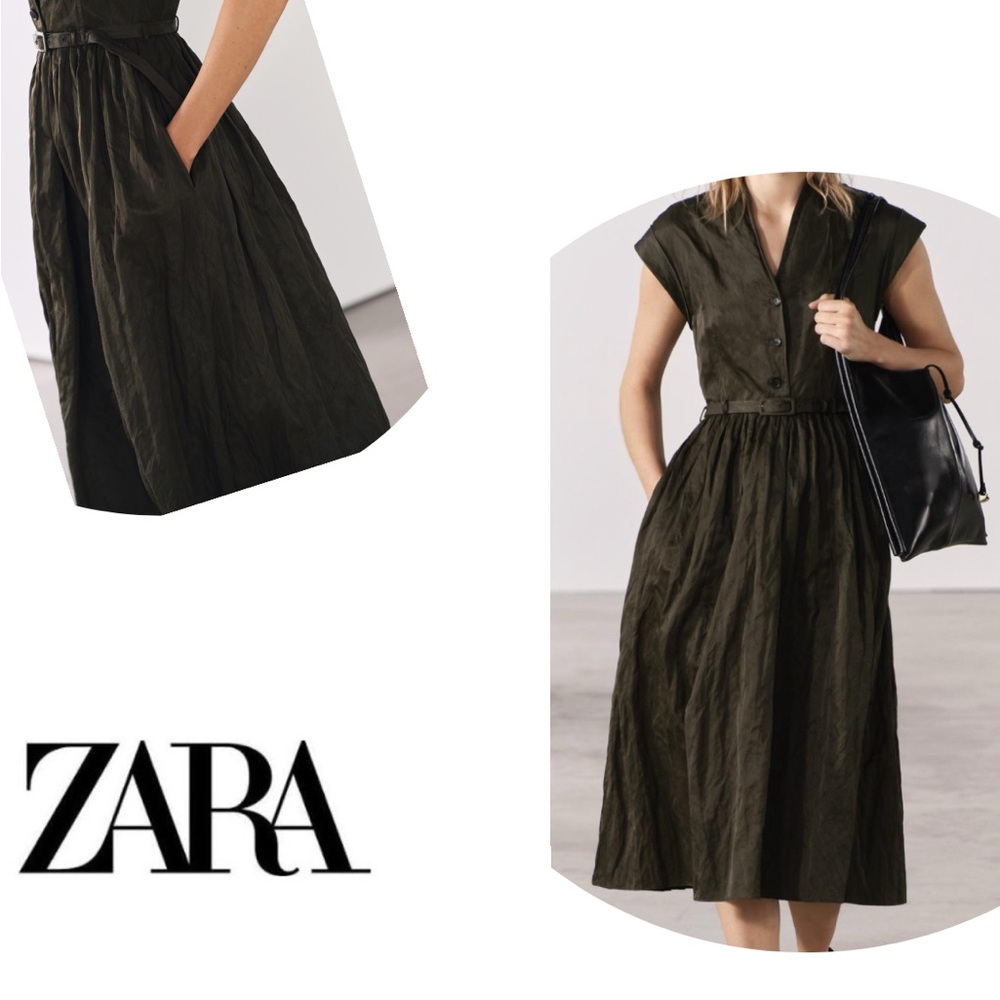 Zara Women's Olive Belted MIDI Dress